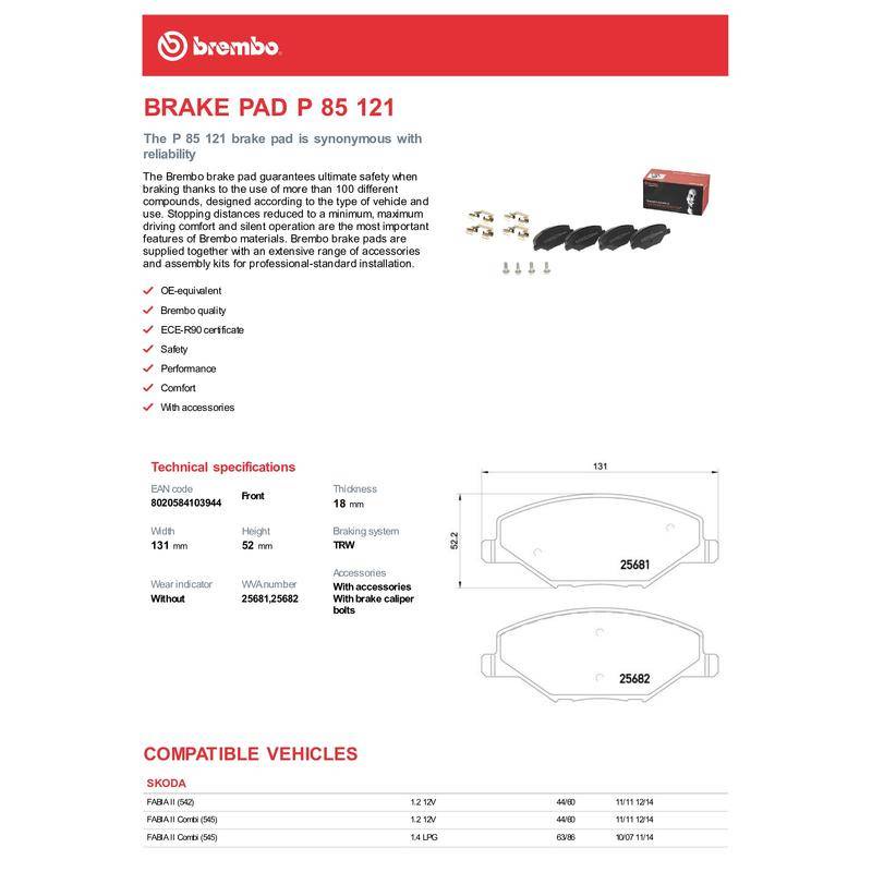 100% Original Brembo Volkswagen Polo 1.6 Sedan Year 2011-2016 Vento 1.6 Front Brake Pad Black-Shim P85121 - Image 2