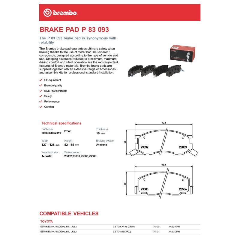 100% Original Brembo Toyota Unser Front Brake Pad Black-Shim P83093 - Image 2