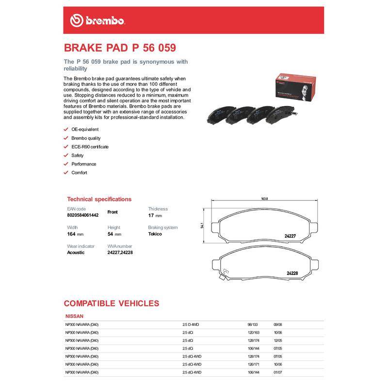 100% Original Brembo Nissan Navara D40T Serena C26 Front Brake Pad P56059N - Image 2