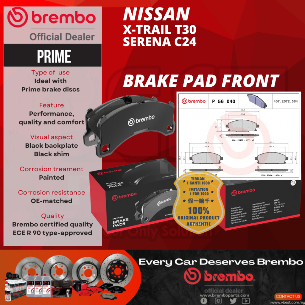 Brembo Nissan X-Trail T30 Serena C24 Front Depan Brake Pad P56040