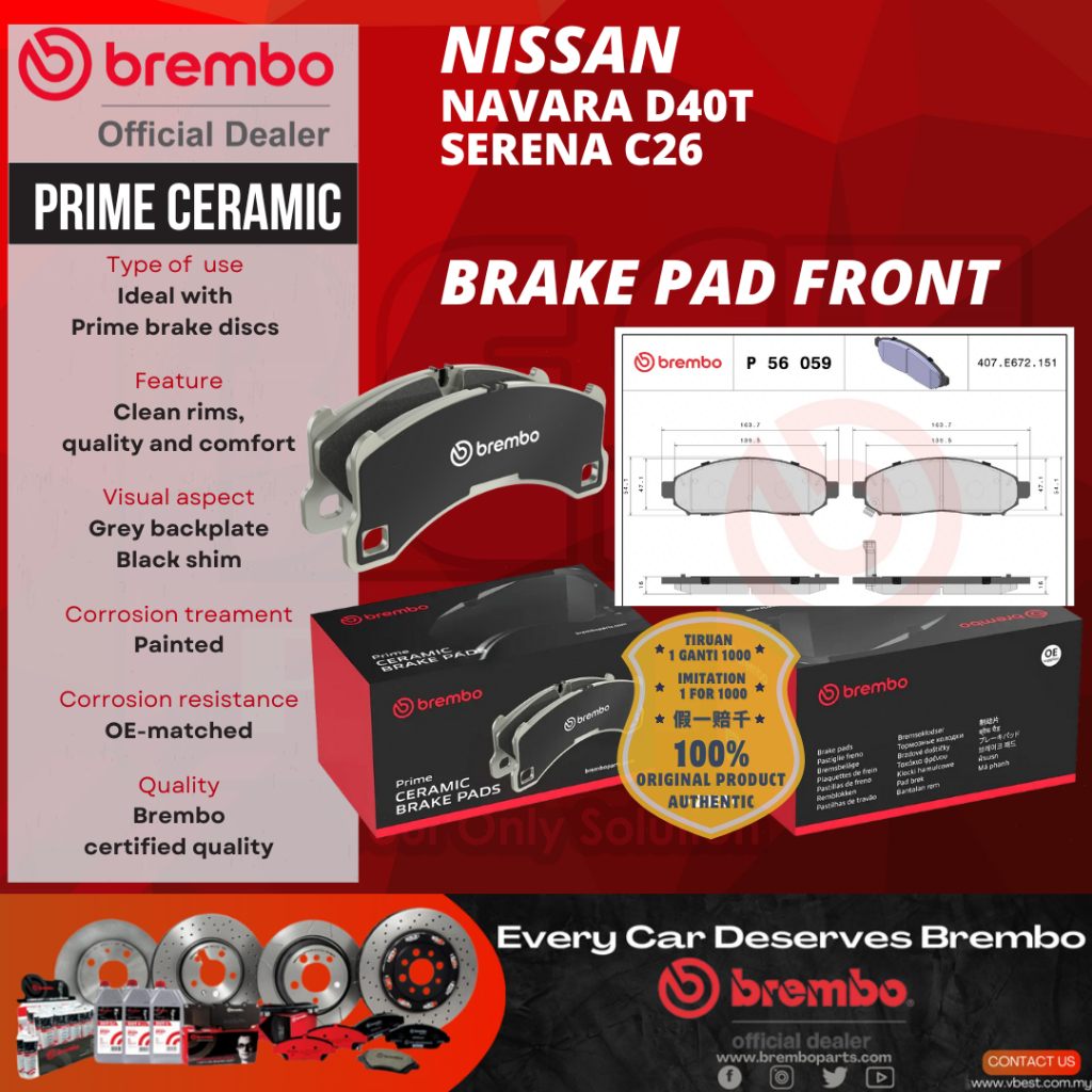 100% Original Brembo Nissan Navara D40T Serena C26 Front Brake Pad P56059N