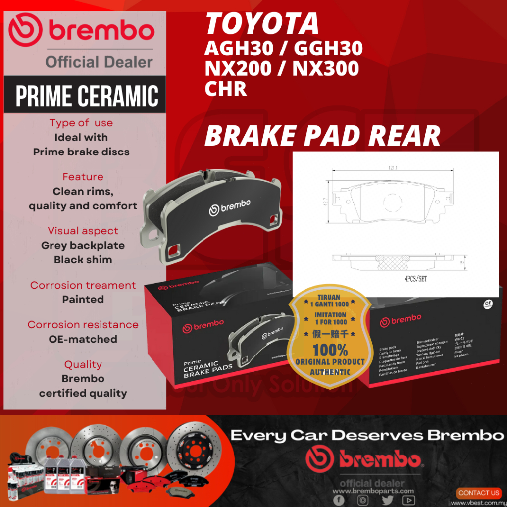 Brembo Toyota Vellfire AGH30 Alphard GGH30 NX200 NX300 CHR Rear Brake Pad Prime Ceramic P83166N